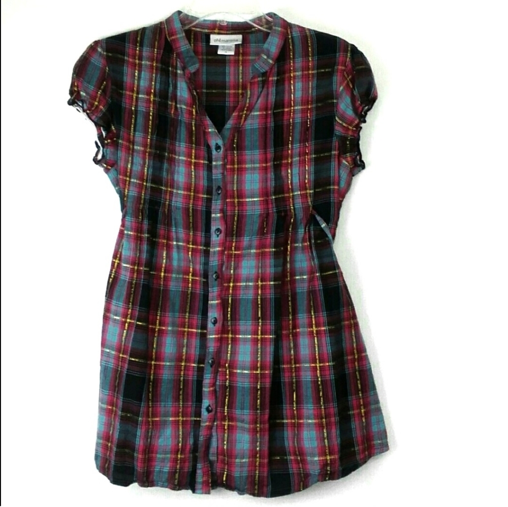 Oh! Mamma Plaid Button Front Short Sleeve Top Med
